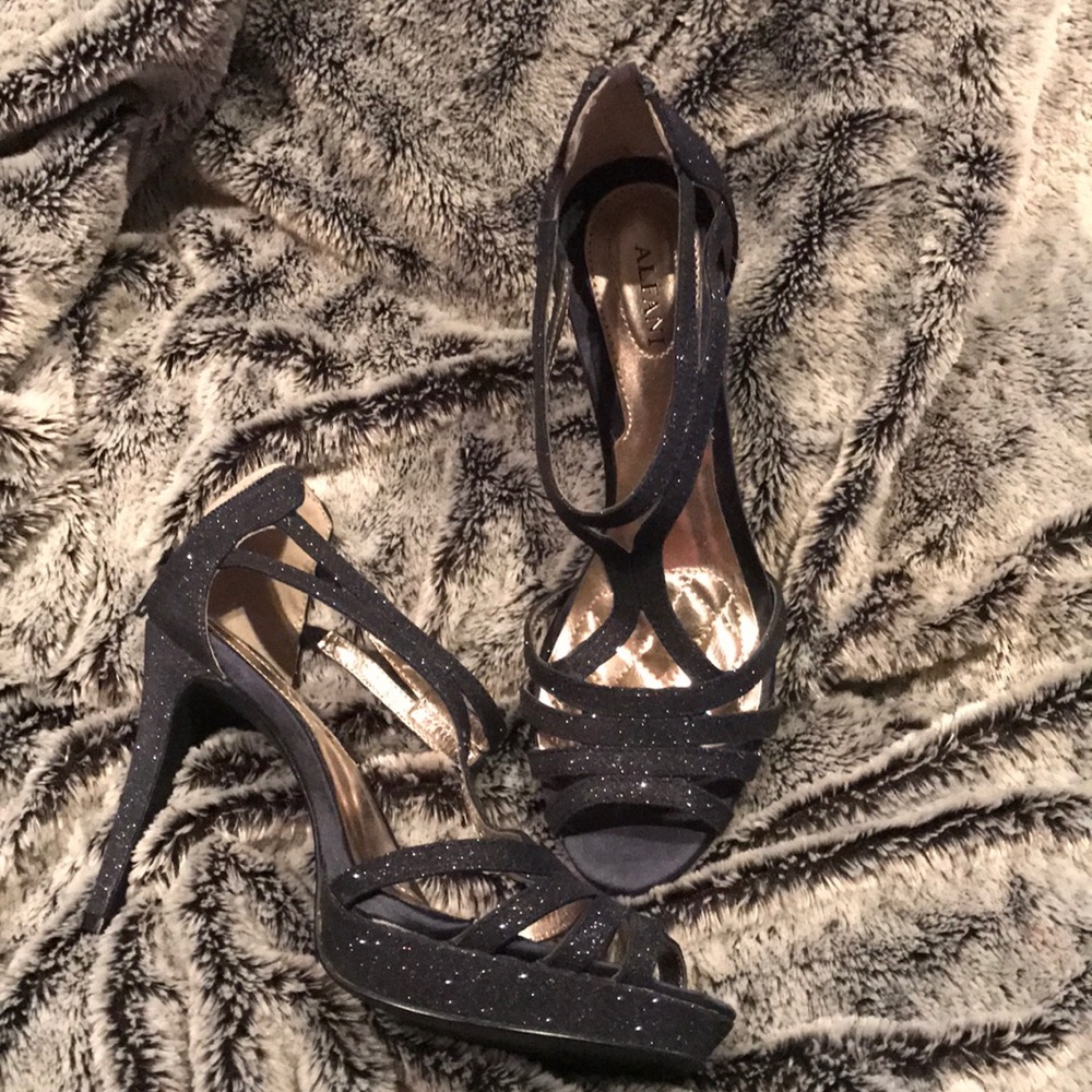 Black with a purple accent sparkle strap heels